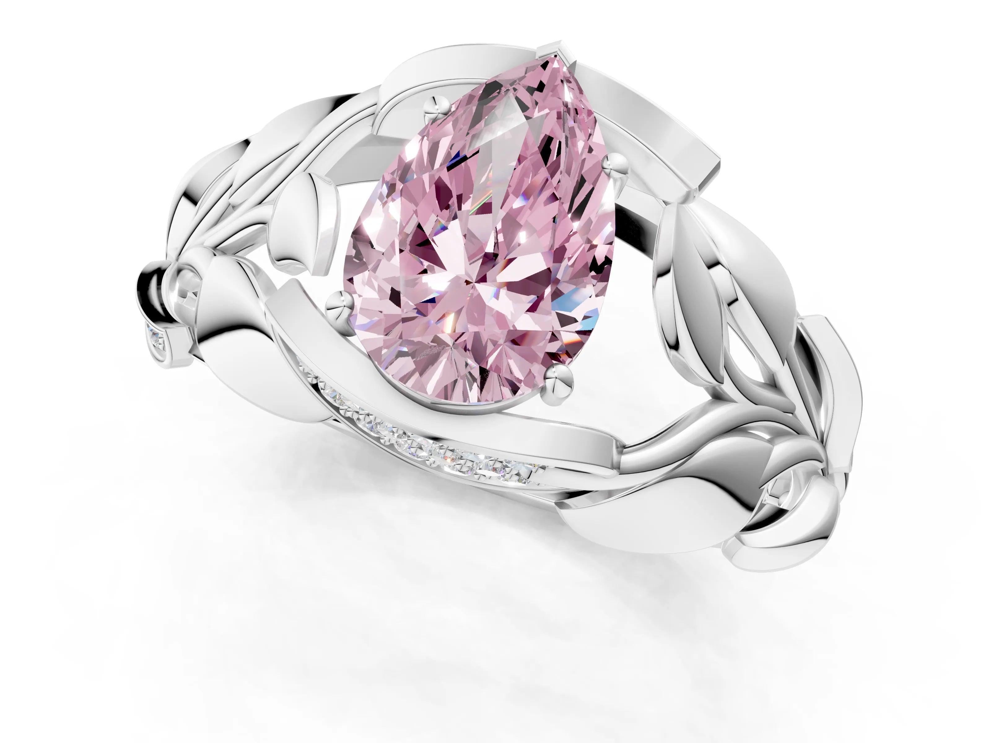 White gold Fancy Pink Pear Cut Solitaire Leaf-Inspired Engagement Ring with Prong Setting_1