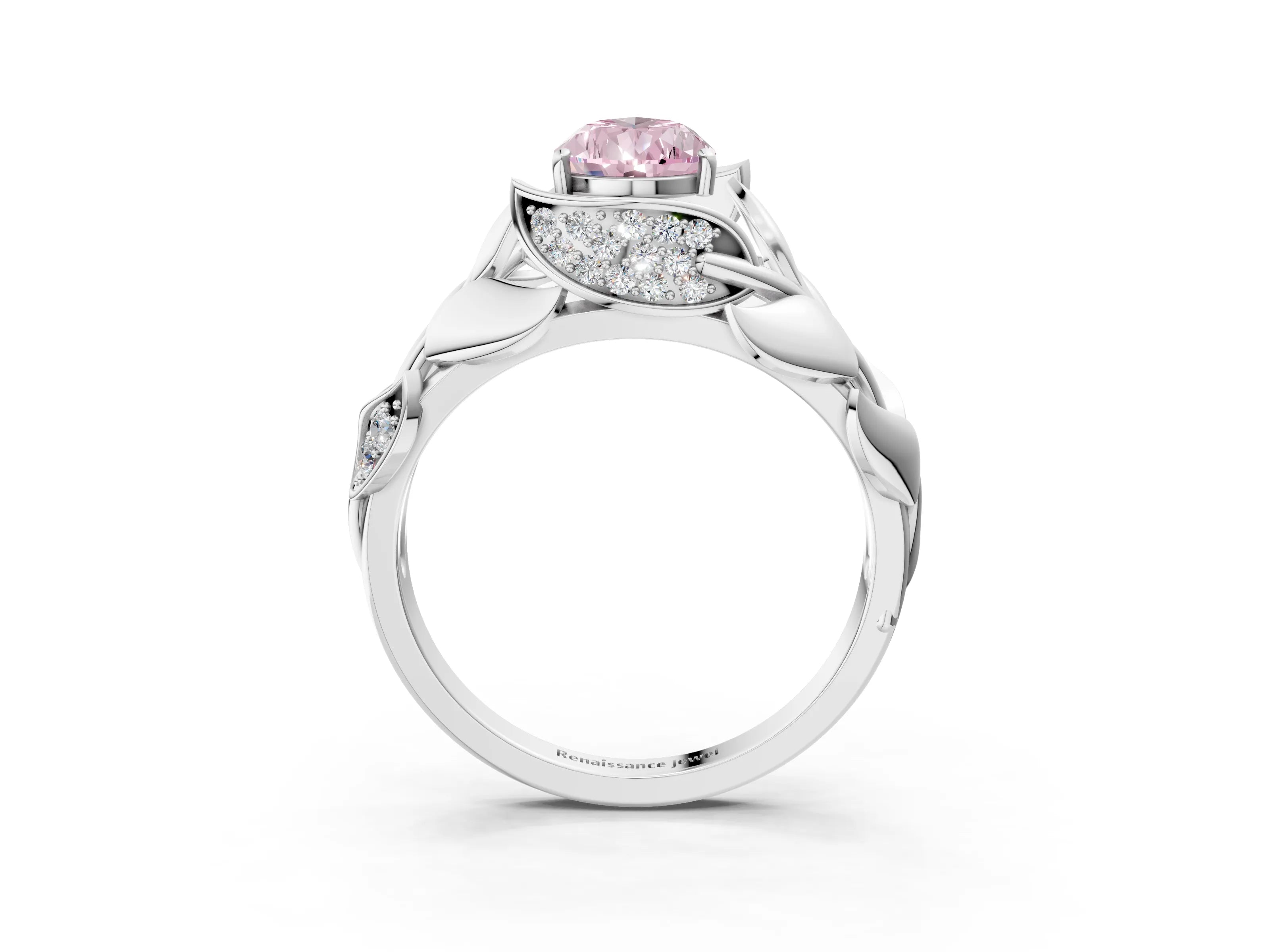 White gold Fancy Pink Pear Cut Solitaire Leaf-Inspired Engagement Ring with Prong Setting_3