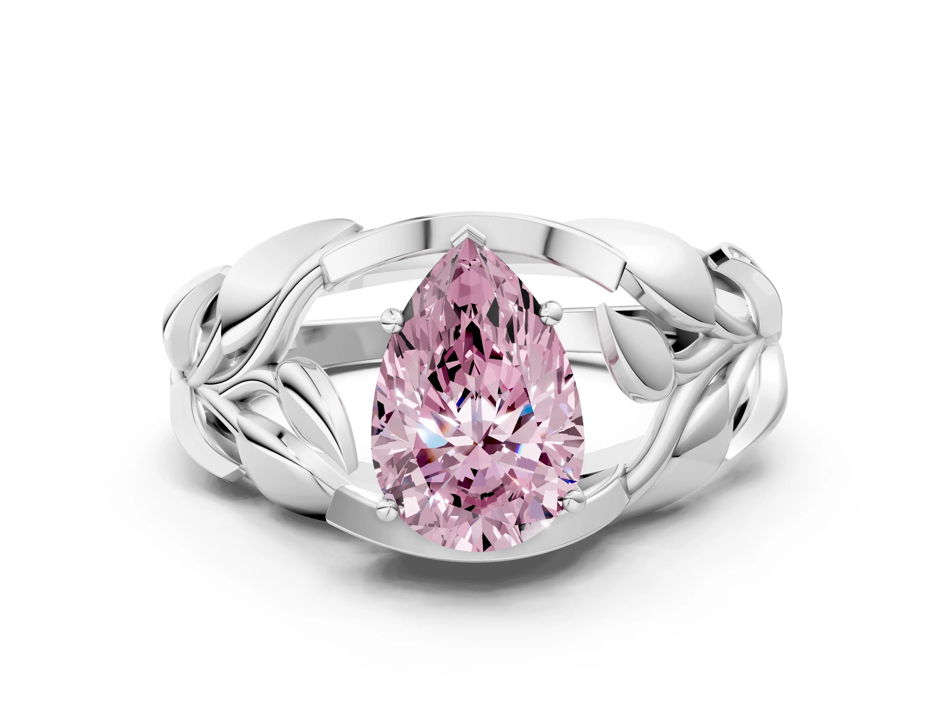 White gold Fancy Pink Pear Cut Solitaire Leaf-Inspired Engagement Ring with Prong Setting