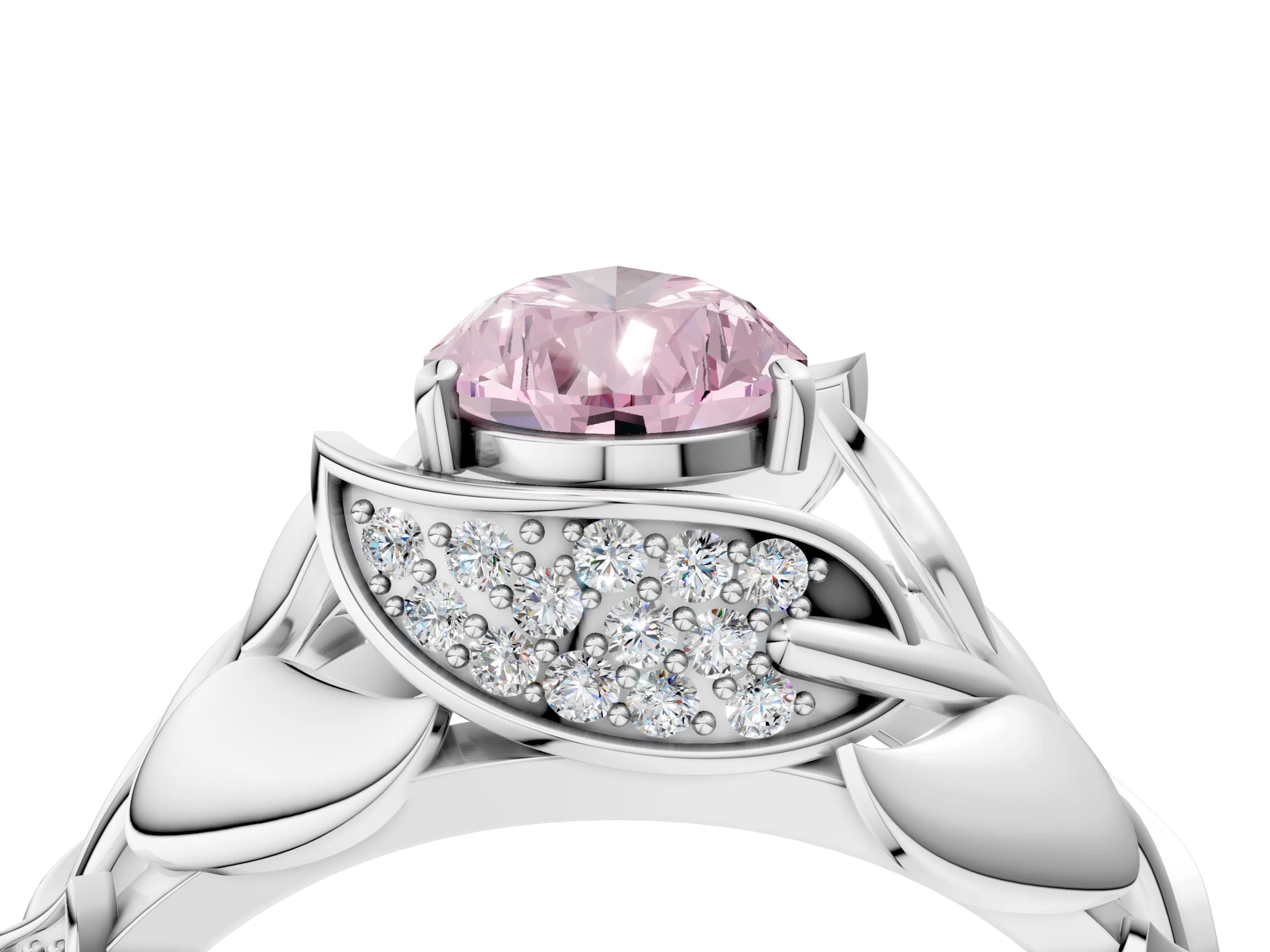 White gold Fancy Pink Pear Cut Solitaire Leaf-Inspired Engagement Ring with Prong Setting_4