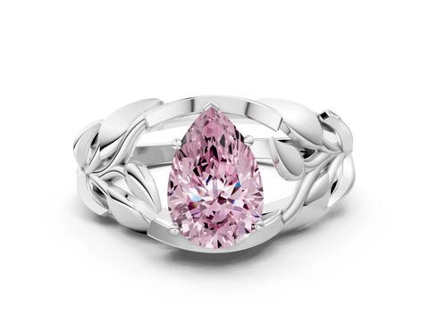 White gold Fancy Pink Pear Cut Solitaire Leaf-Inspired Engagement Ring with Prong Setting
