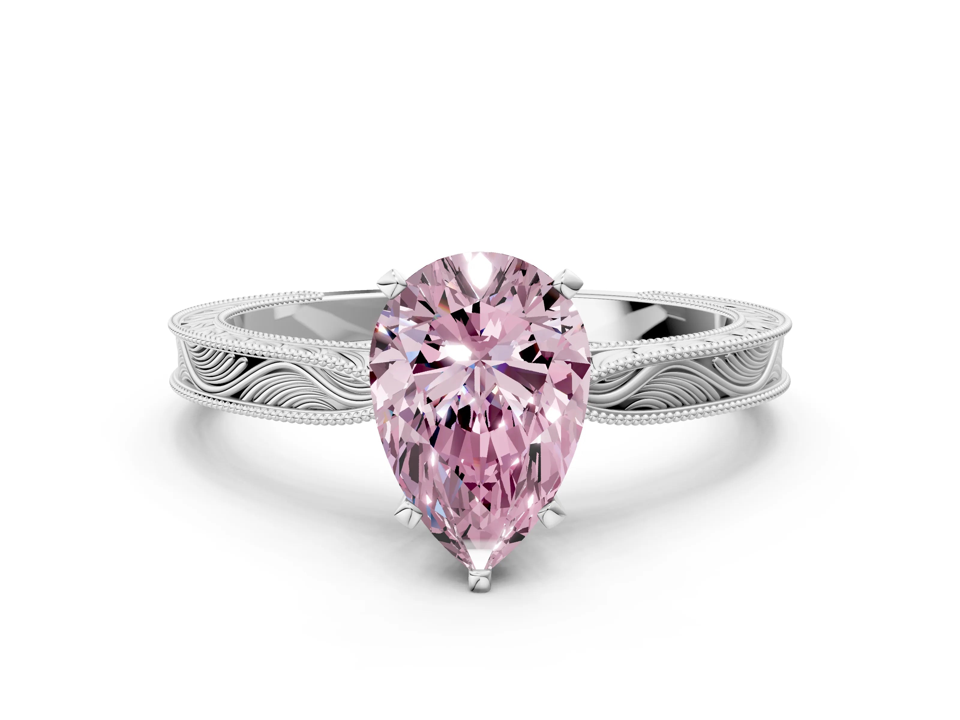 White gold Fancy Pink Pear Cut Solitaire Milgrain Engraved Band with Four-Prong Setting