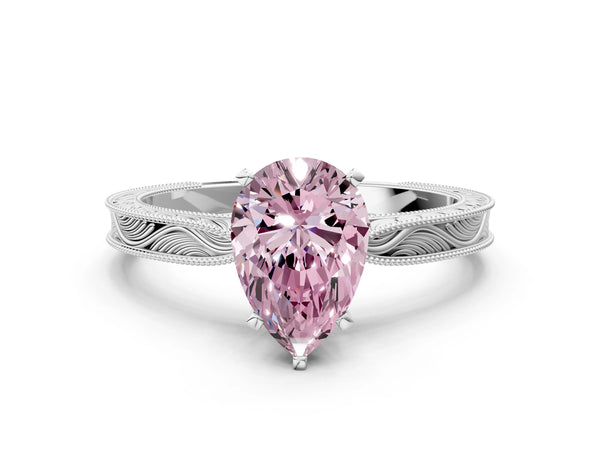 Platinum Pear-Shaped Solitaire Engagement Ring Setting for Fancy Pink Center with Engraved Band