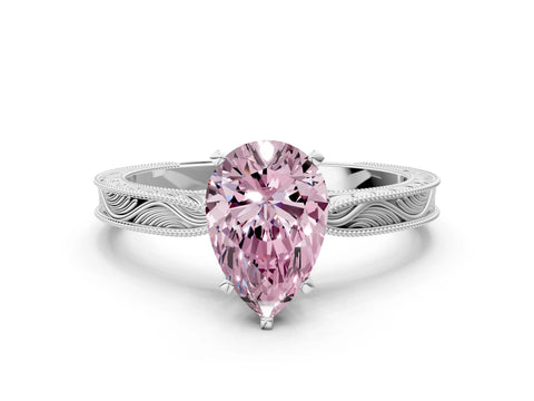 White gold Fancy Pink Pear Cut Solitaire Milgrain Engraved Band with Four-Prong Setting_12