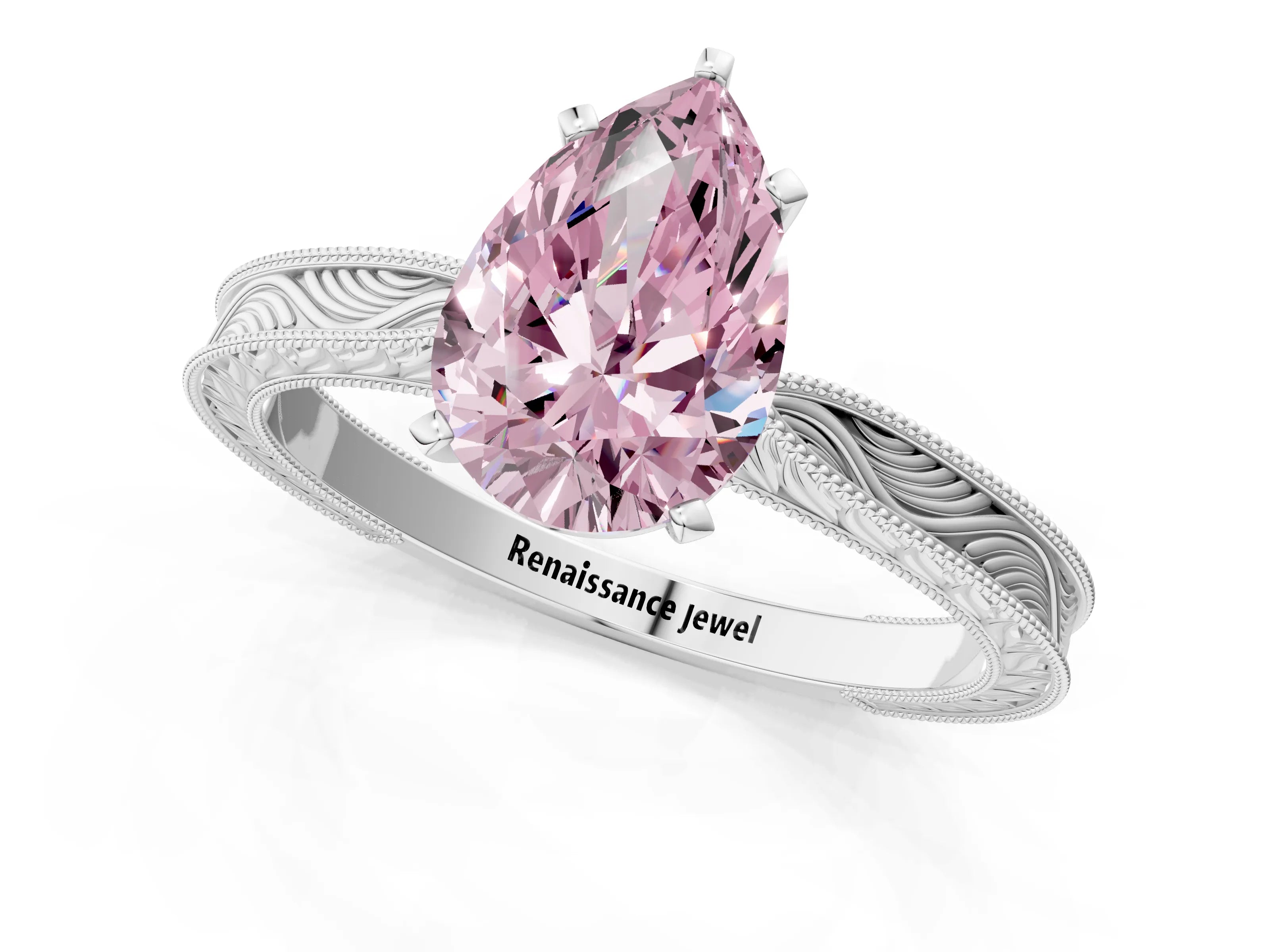 White gold Fancy Pink Pear Cut Solitaire Milgrain Engraved Band with Four-Prong Setting_13
