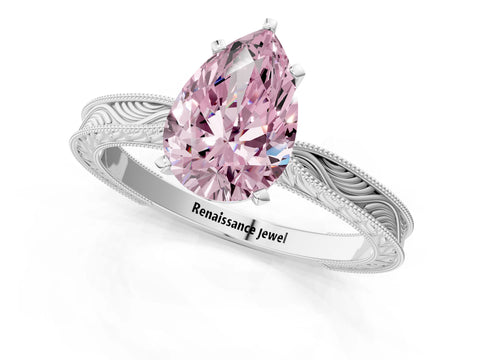 White gold Fancy Pink Pear Cut Solitaire Milgrain Engraved Band with Four-Prong Setting_13