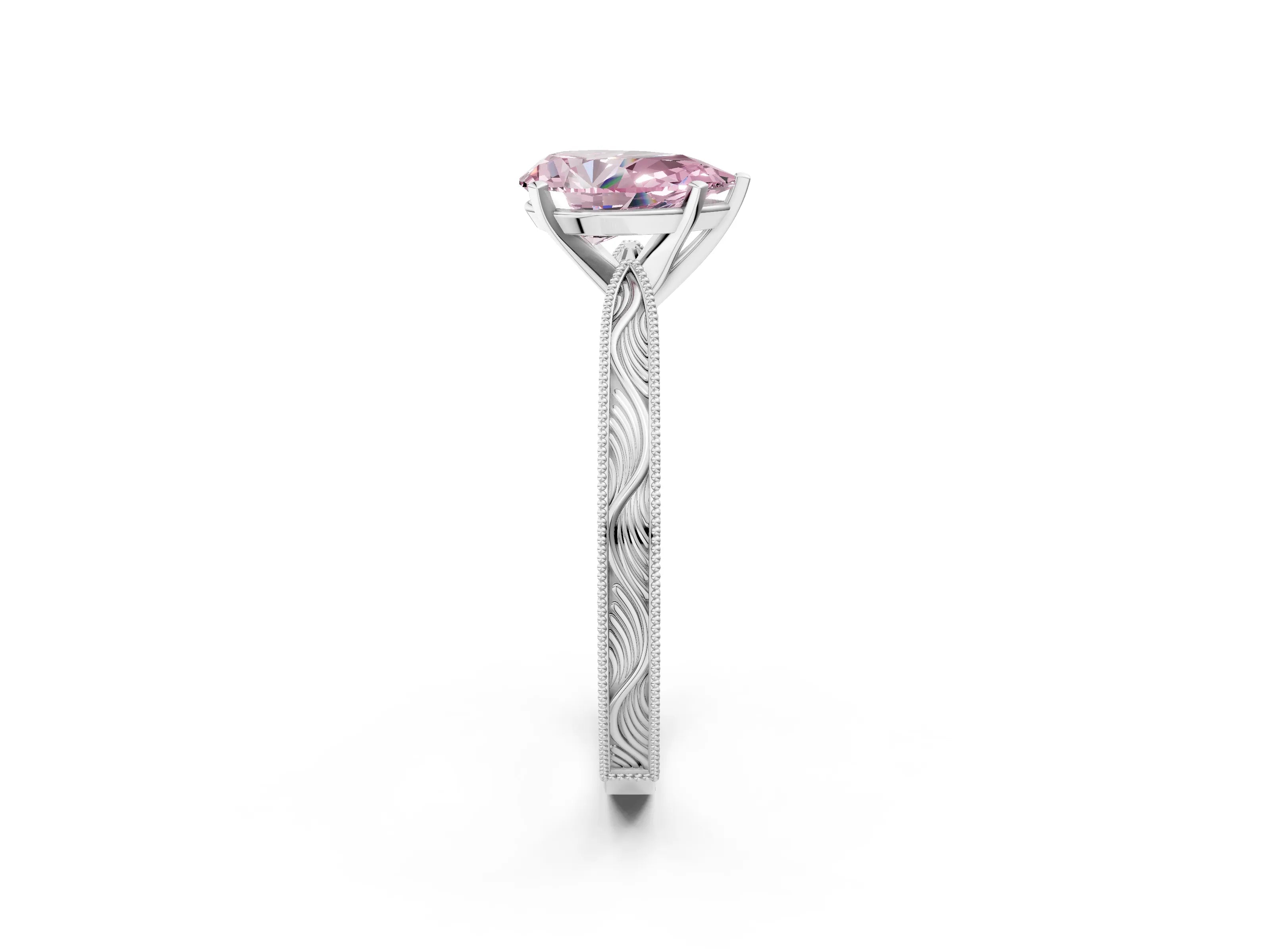 White gold Fancy Pink Pear Cut Solitaire Milgrain Engraved Band with Four-Prong Setting_14