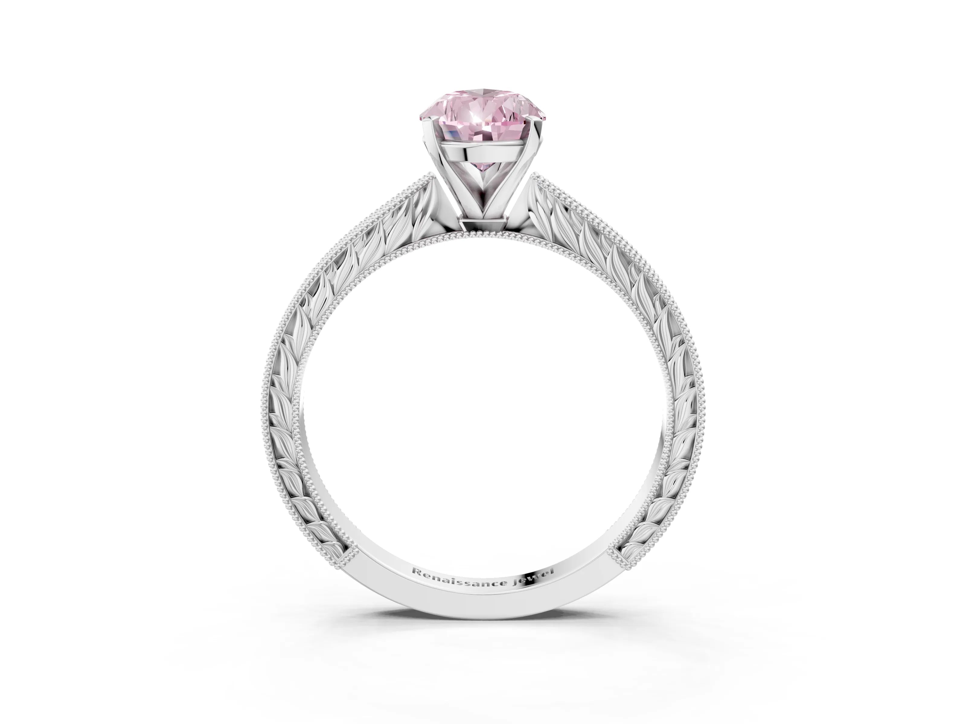 White gold Fancy Pink Pear Cut Solitaire Milgrain Engraved Band with Four-Prong Setting_15
