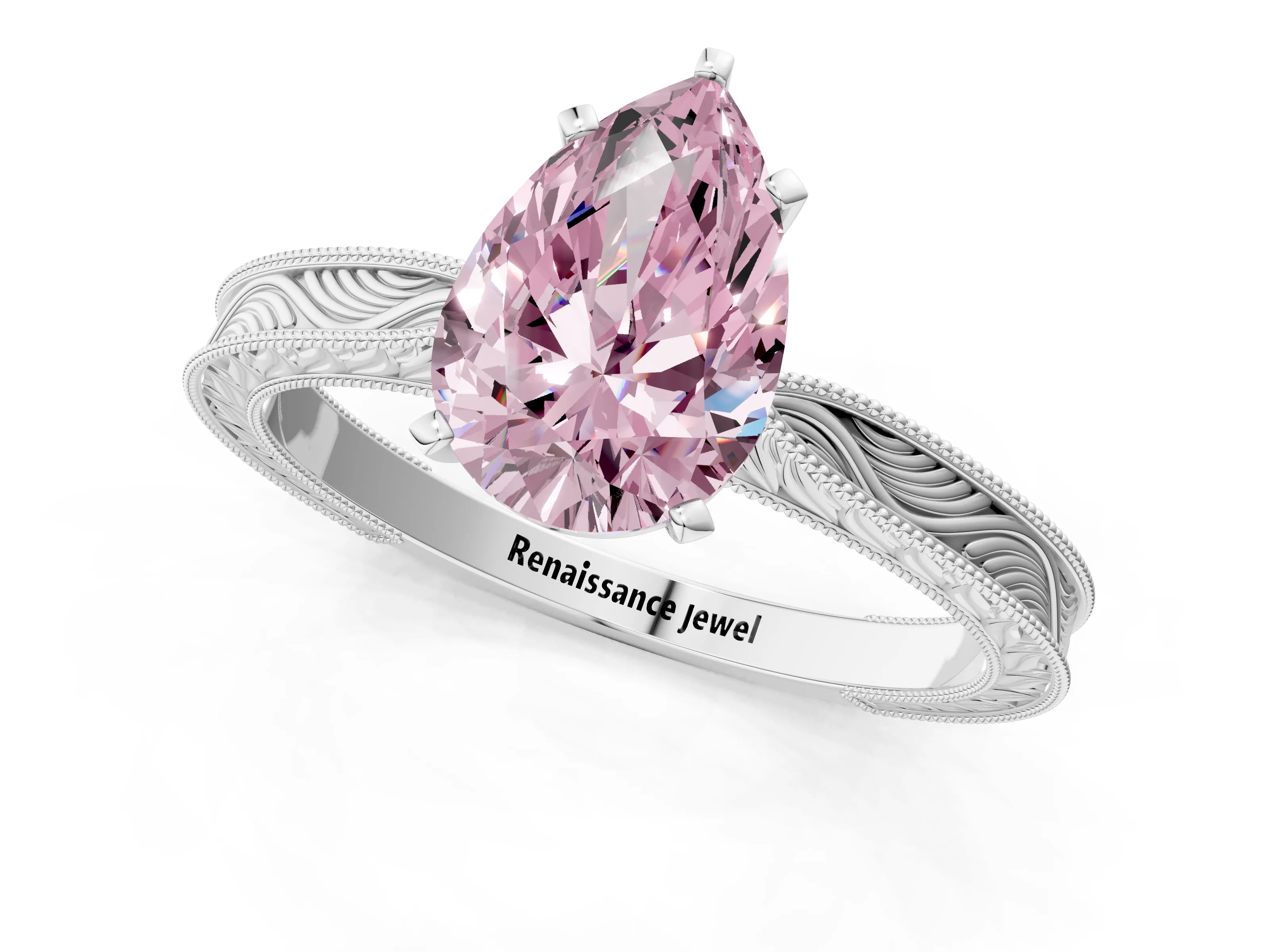 White gold Fancy Pink Pear Cut Solitaire Milgrain Engraved Band with Four-Prong Setting_1