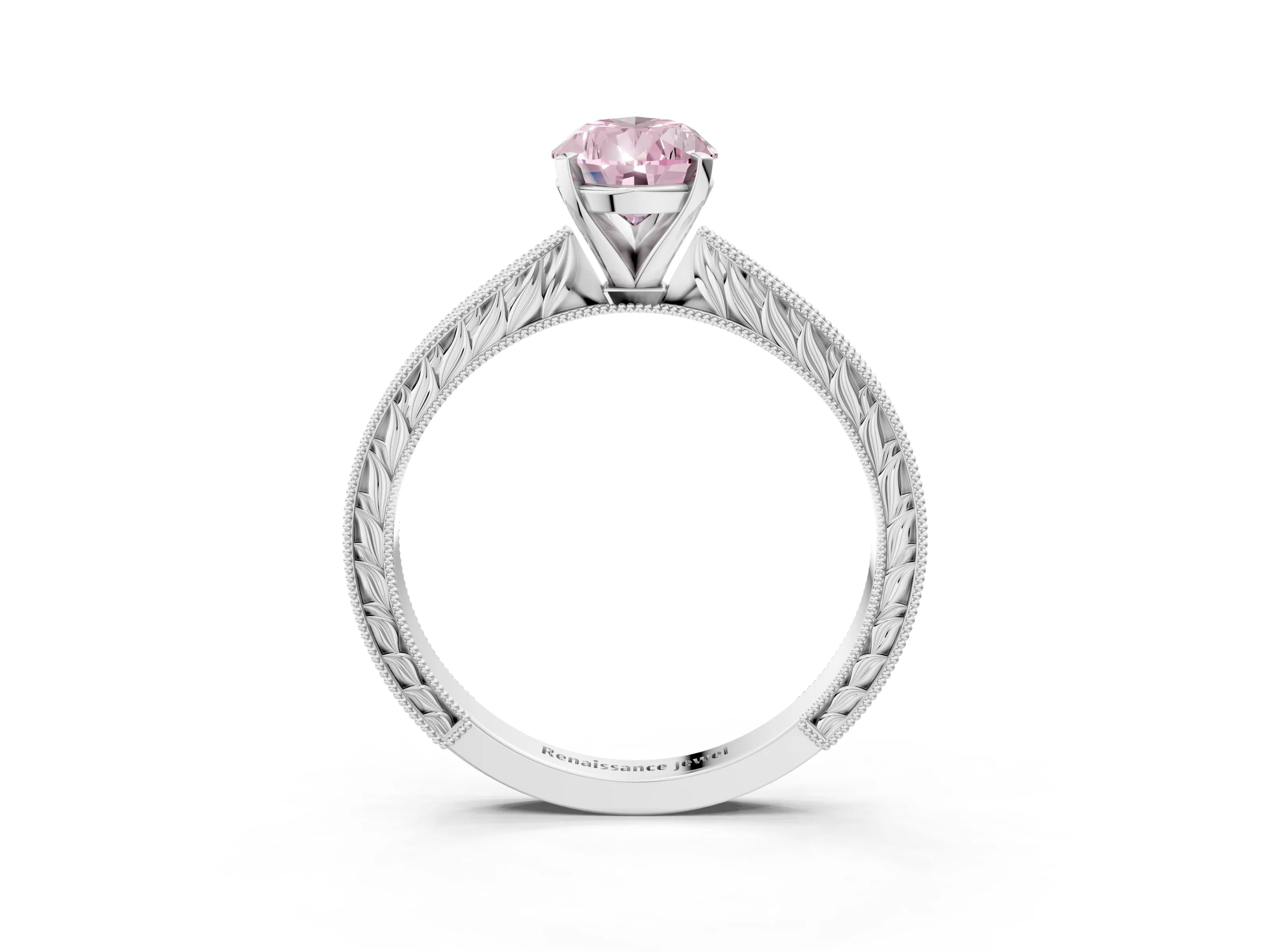 White gold Fancy Pink Pear Cut Solitaire Milgrain Engraved Band with Four-Prong Setting_3