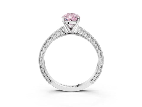 White gold Fancy Pink Pear Cut Solitaire Milgrain Engraved Band with Four-Prong Setting_3