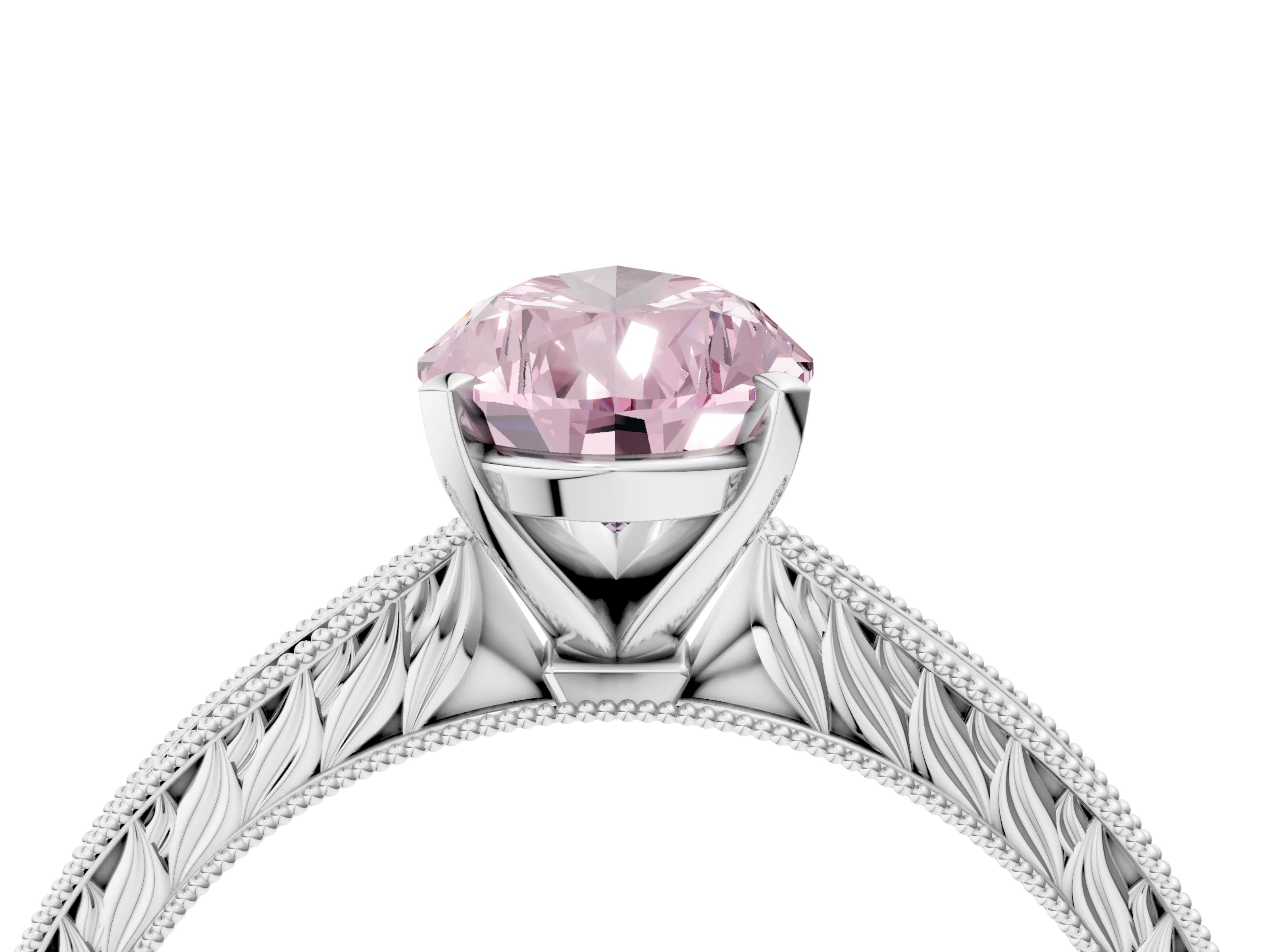 White gold Fancy Pink Pear Cut Solitaire Milgrain Engraved Band with Four-Prong Setting_4