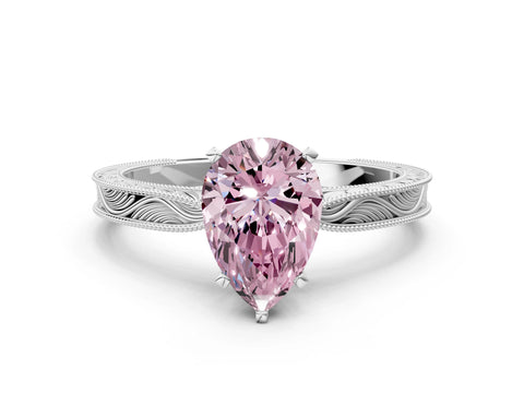 White gold Fancy Pink Pear Cut Solitaire Milgrain Engraved Band with Four-Prong Setting