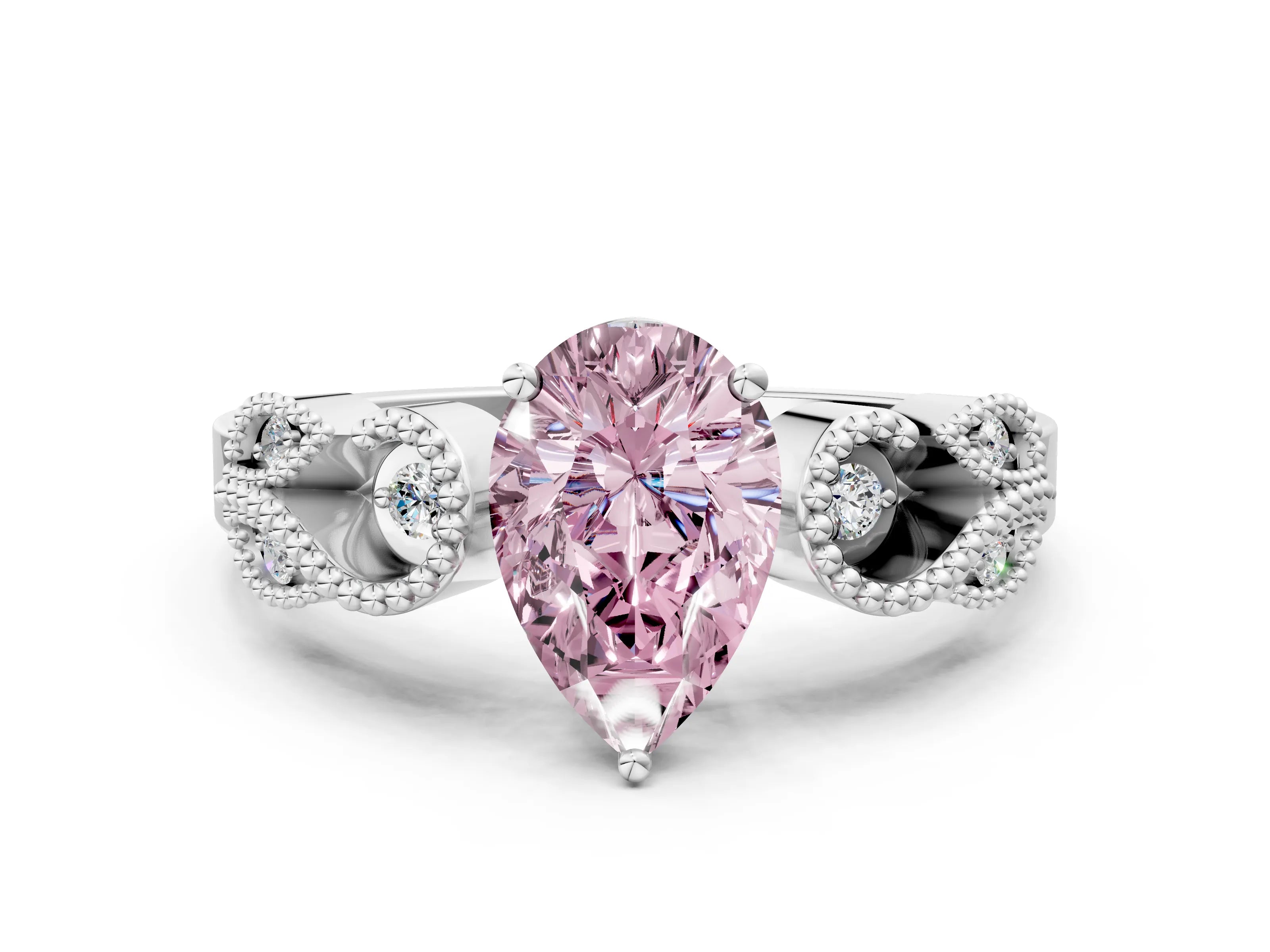 White gold Fancy Pink Pear Cut Solitaire Milgrain Leaf Band with Prong Setting