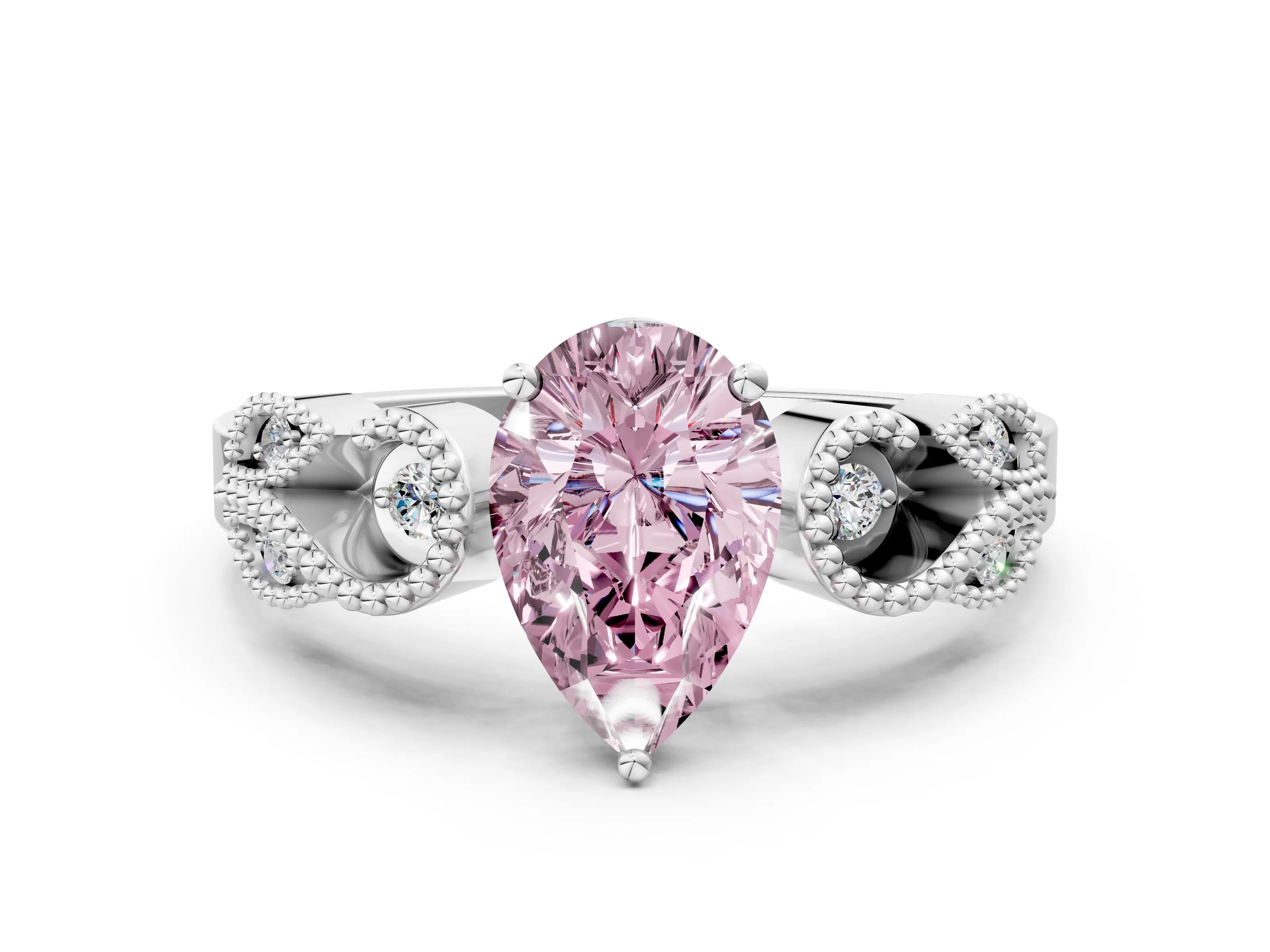 White gold Fancy Pink Pear Cut Solitaire Milgrain Leaf Band with Prong Setting_12