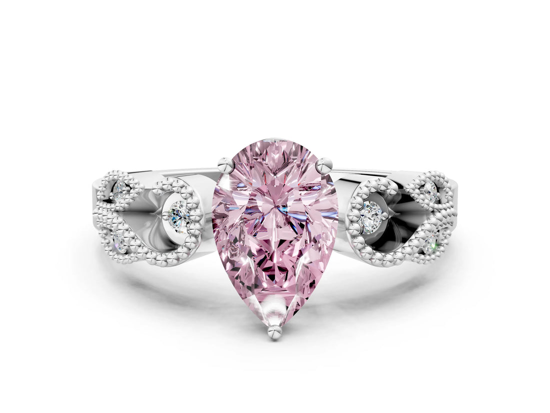 White gold Fancy Pink Pear Cut Solitaire Milgrain Leaf Band with Prong Setting_12