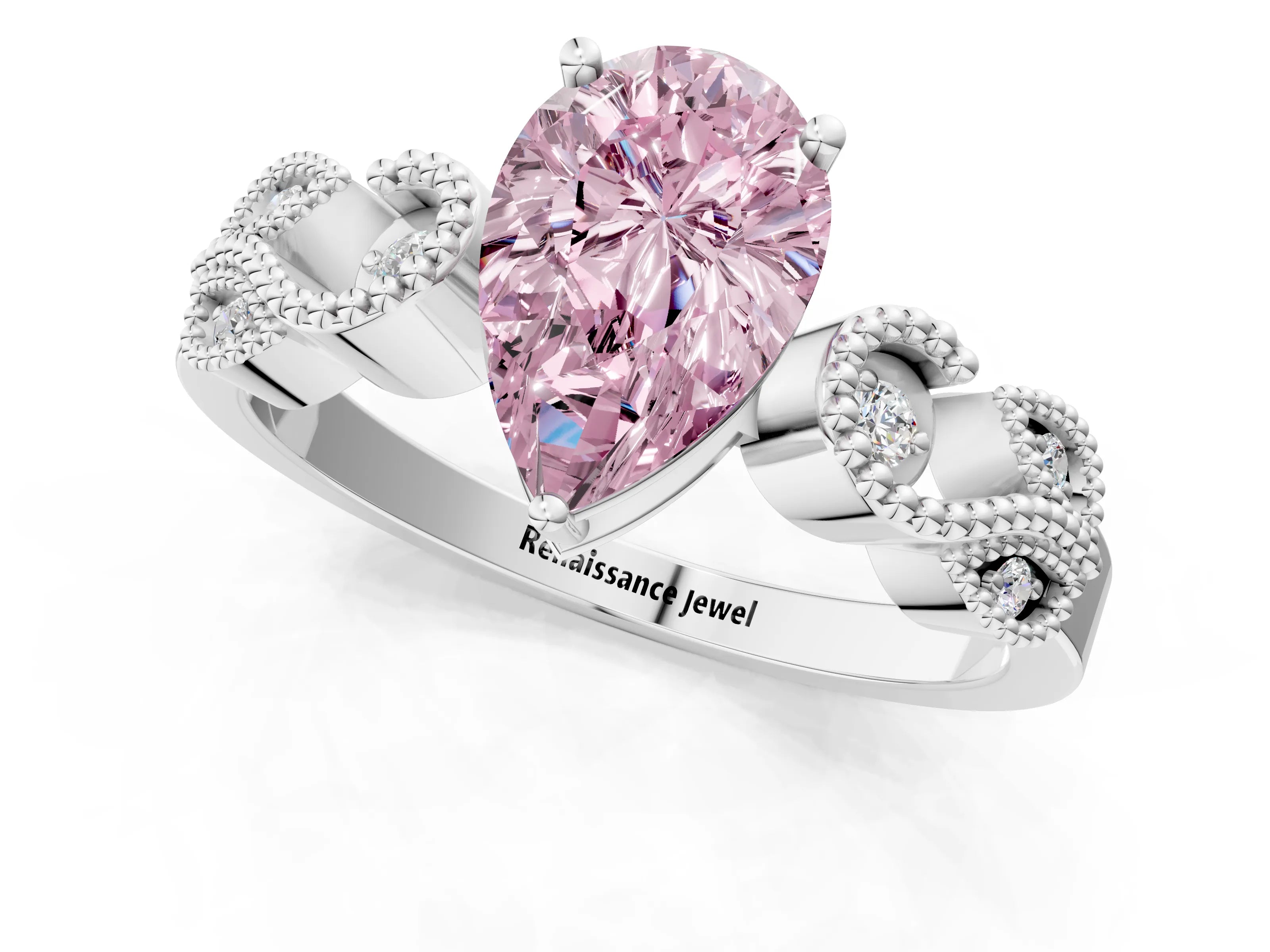White gold Fancy Pink Pear Cut Solitaire Milgrain Leaf Band with Prong Setting_13