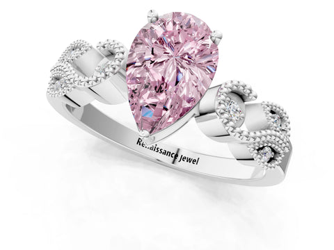 White gold Fancy Pink Pear Cut Solitaire Milgrain Leaf Band with Prong Setting_13