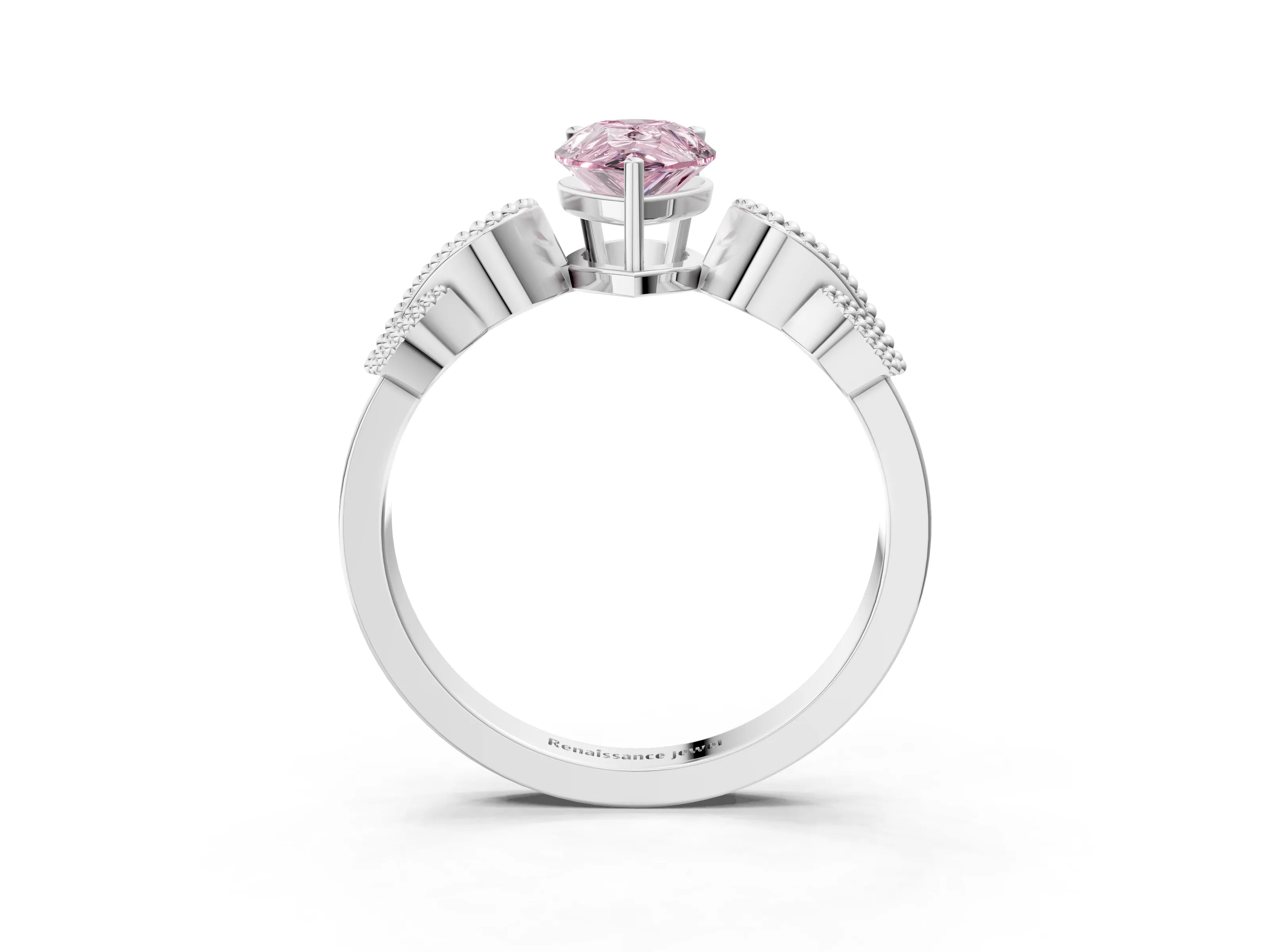 White gold Fancy Pink Pear Cut Solitaire Milgrain Leaf Band with Prong Setting_3