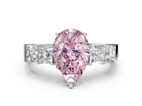 Platinum Fancy Pink Pear Cut Solitaire Princess Side Stone Engraved Band Prong Setting Ring