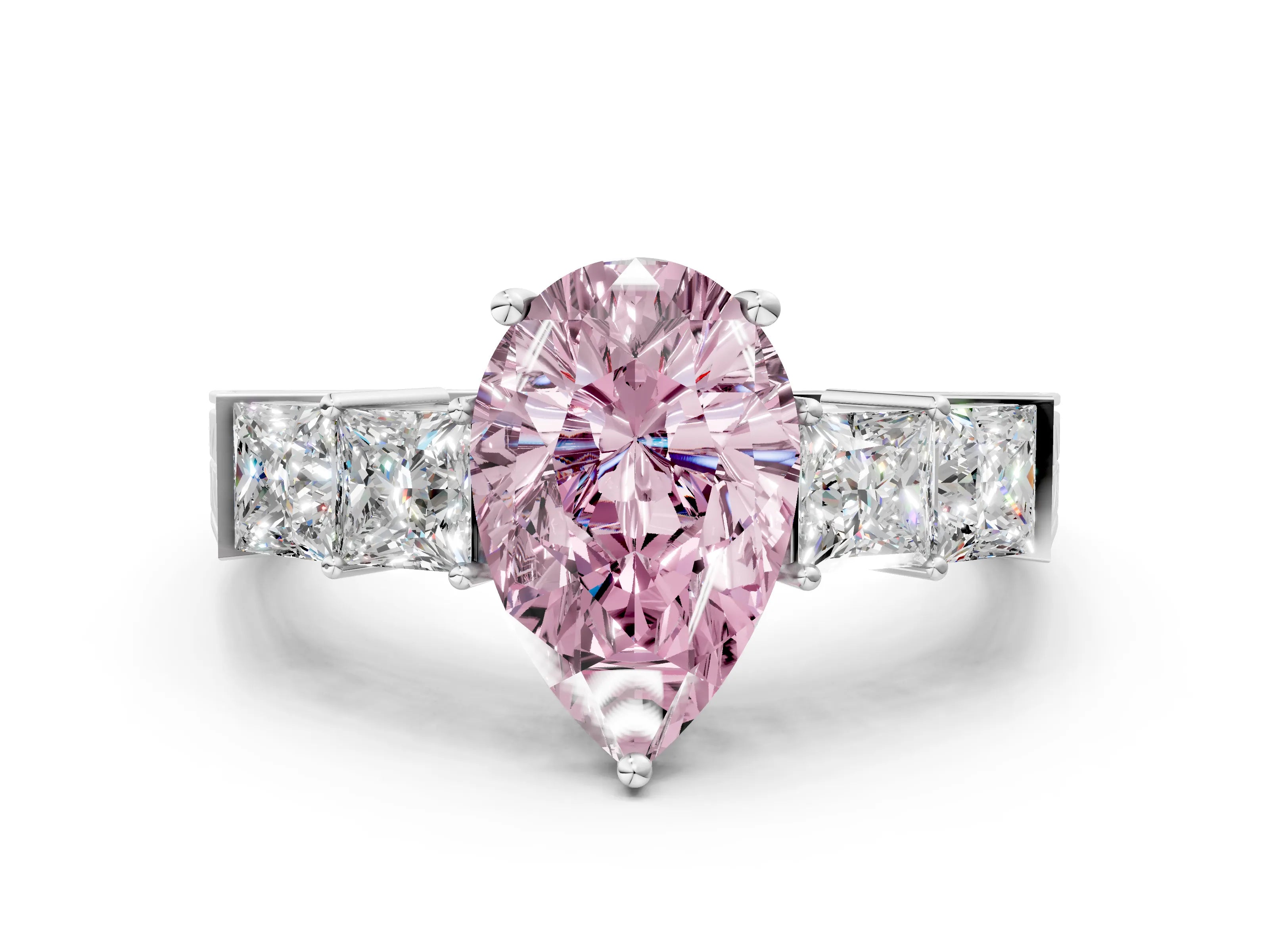 White gold Fancy Pink Pear Cut Solitaire Princess Side Stone Engraved Band Prong Setting Ring_12