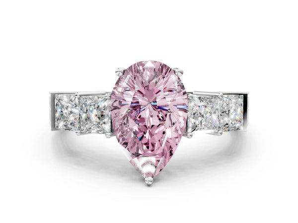 Platinum Fancy Pink Pear Cut Solitaire Princess Side Stone Engraved Band Prong Setting Ring