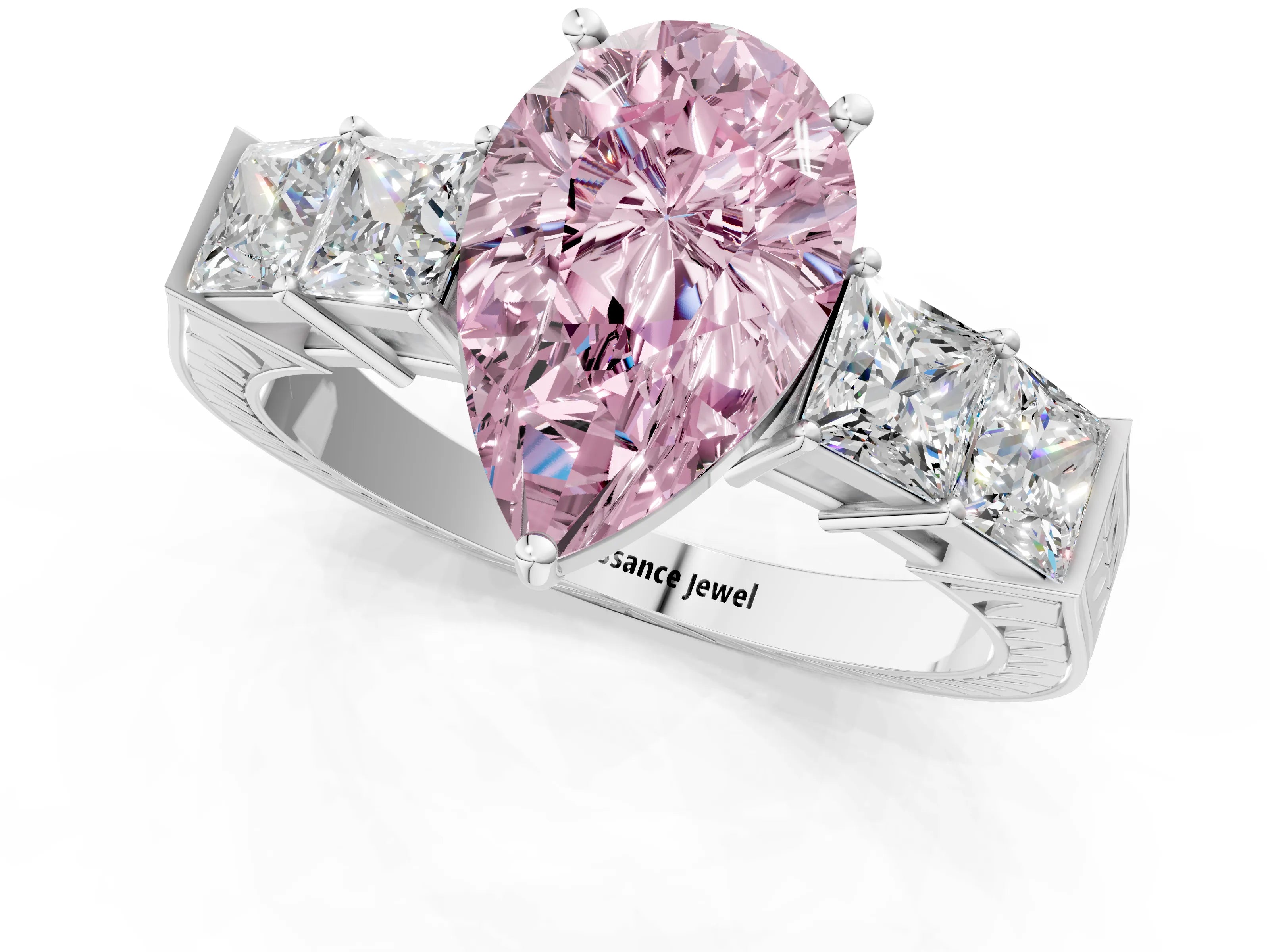 White gold Fancy Pink Pear Cut Solitaire Princess Side Stone Engraved Band Prong Setting Ring_13
