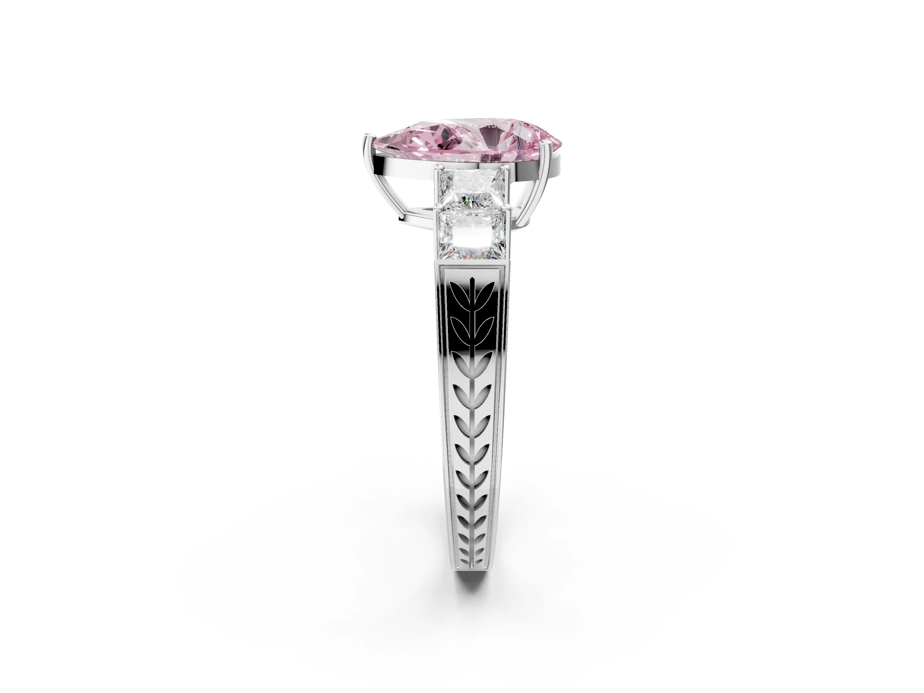 White gold Fancy Pink Pear Cut Solitaire Princess Side Stone Engraved Band Prong Setting Ring_14