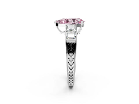 White gold Fancy Pink Pear Cut Solitaire Princess Side Stone Engraved Band Prong Setting Ring_14
