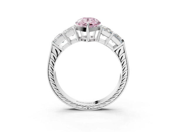 Platinum Fancy Pink Pear Cut Solitaire Princess Side Stone Engraved Band Prong Setting Ring
