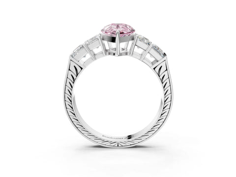 White gold Fancy Pink Pear Cut Solitaire Princess Side Stone Engraved Band Prong Setting Ring_15