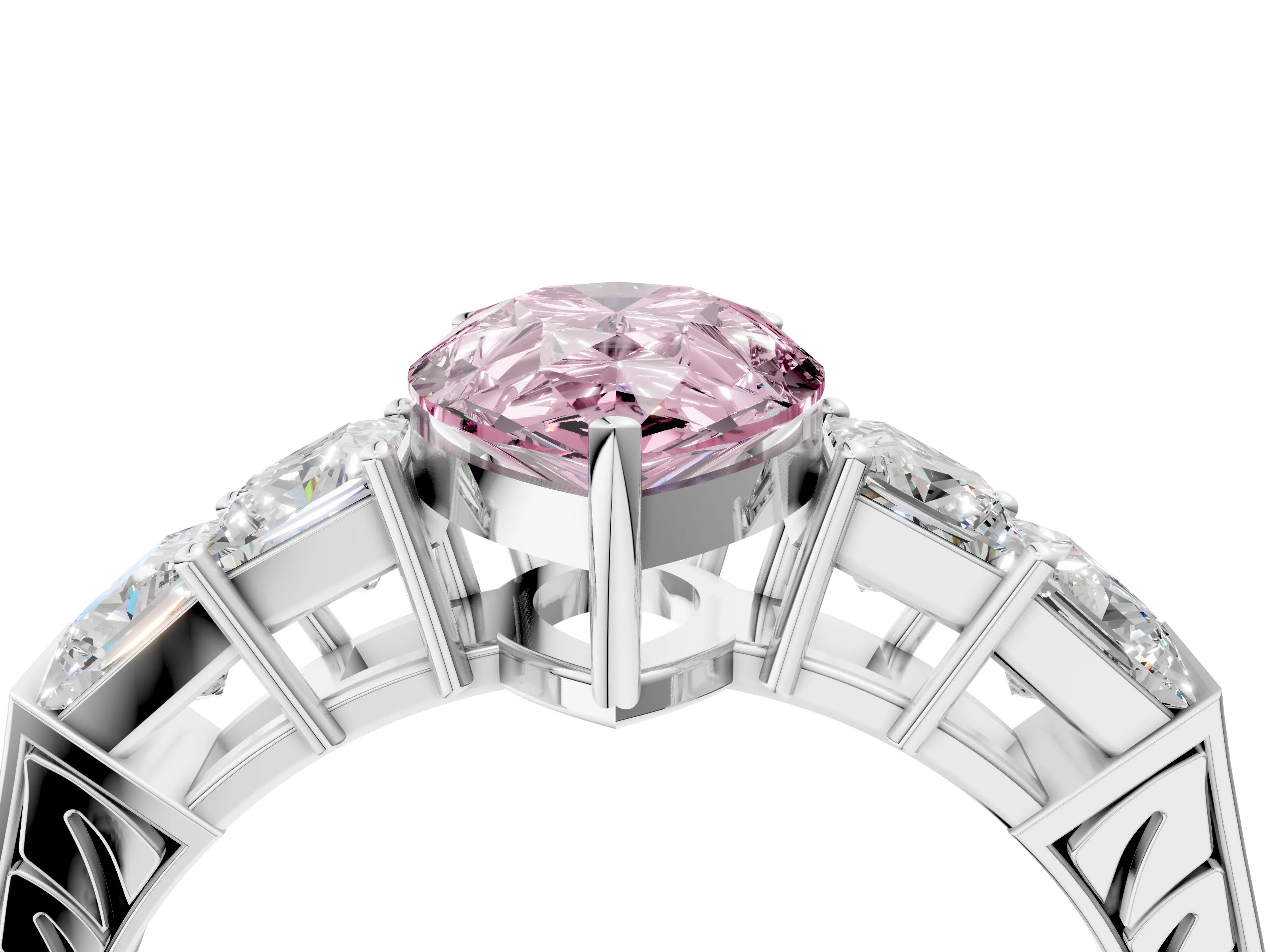 White gold Fancy Pink Pear Cut Solitaire Princess Side Stone Engraved Band Prong Setting Ring_16