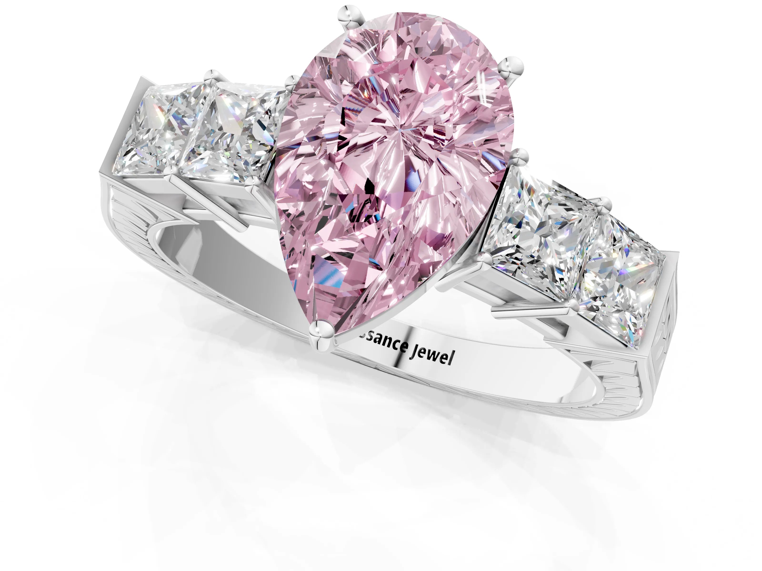 White gold Fancy Pink Pear Cut Solitaire Princess Side Stone Engraved Band Prong Setting Ring_1