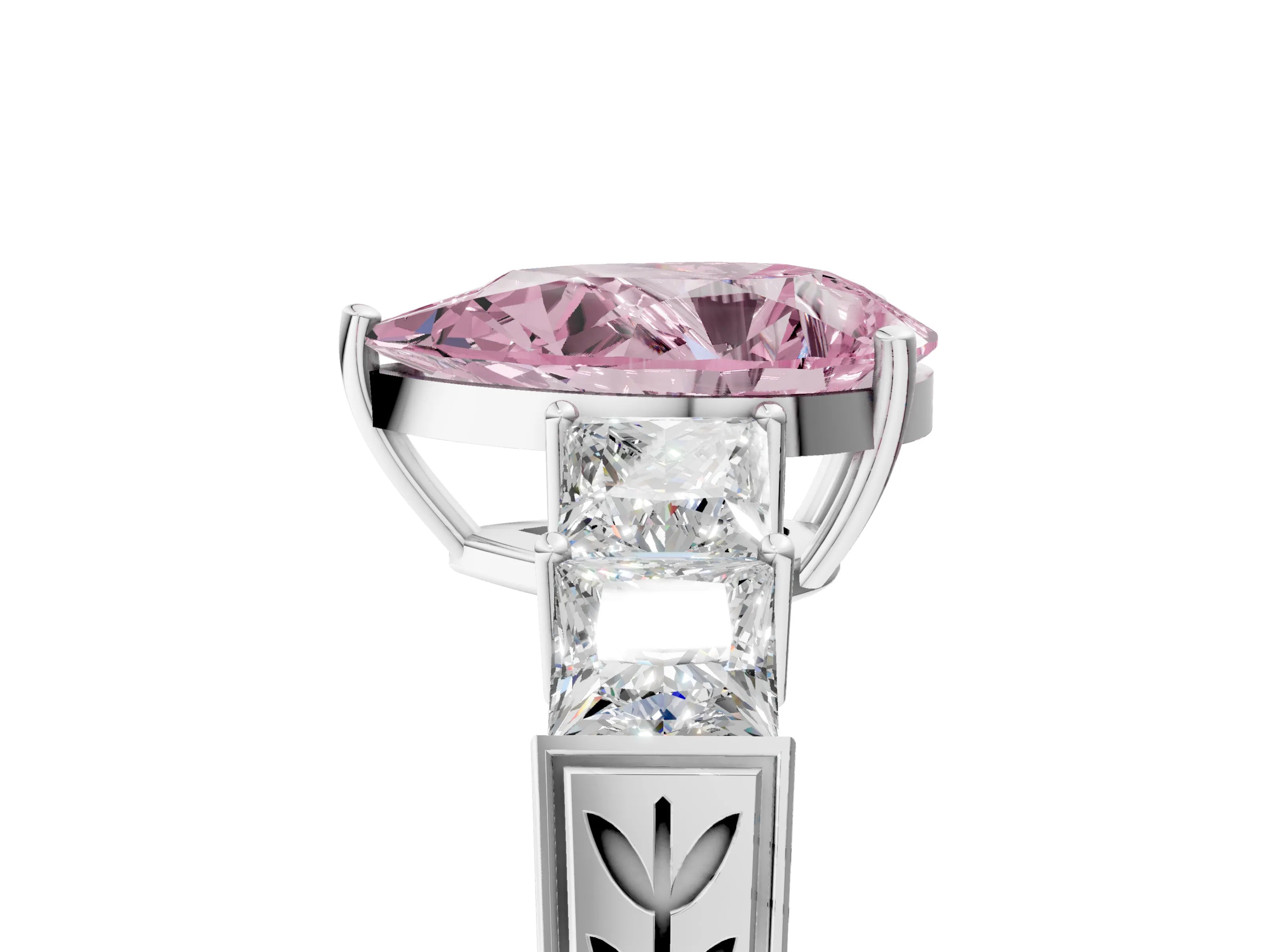 White gold Fancy Pink Pear Cut Solitaire Princess Side Stone Engraved Band Prong Setting Ring_5
