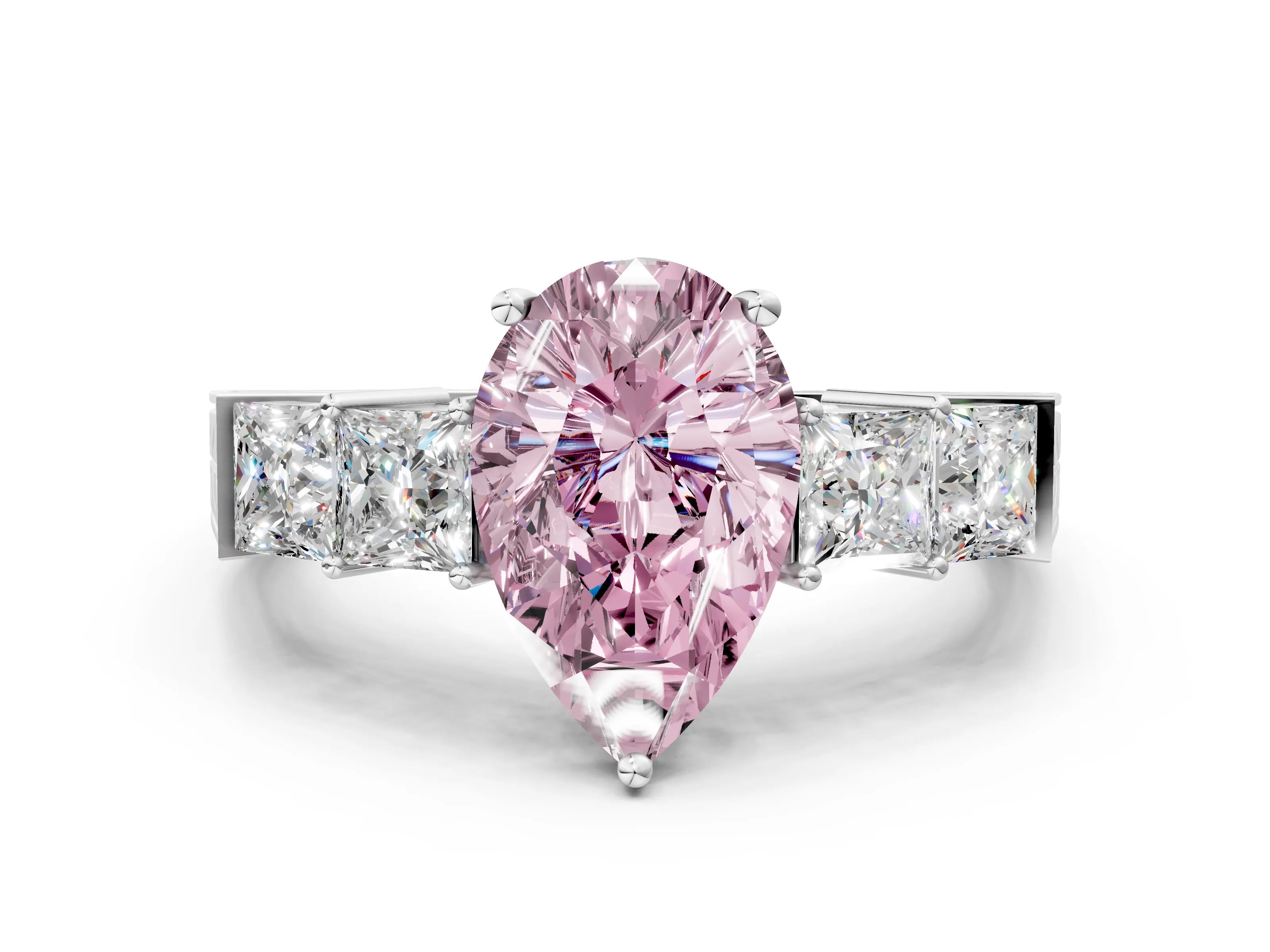 White gold Fancy Pink Pear Cut Solitaire Princess Side Stone Engraved Band Prong Setting Ring