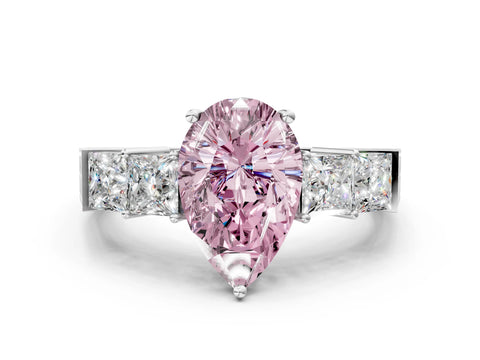 White gold Fancy Pink Pear Cut Solitaire Princess Side Stone Engraved Band Prong Setting Ring