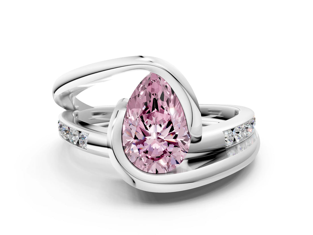 White gold Fancy Pink Pear Cut Solitaire Tension-Set Diamond Split Shank Ring