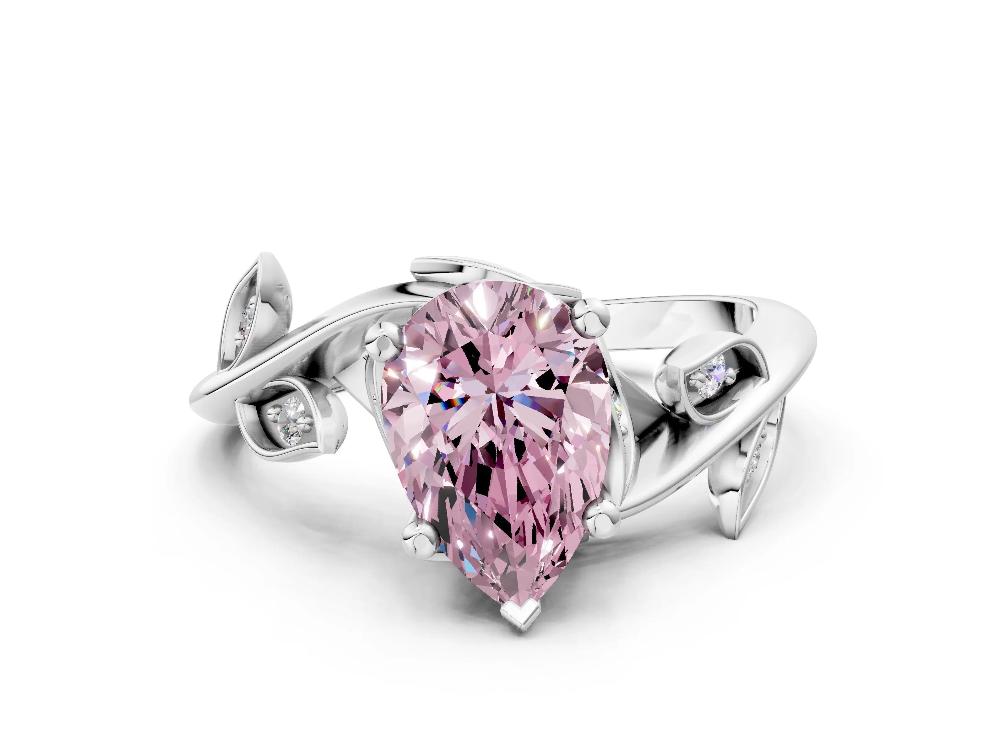 White gold Fancy Pink Pear Cut Solitaire Twist Engagement Ring with Leaf Accents and Prong Setting_12
