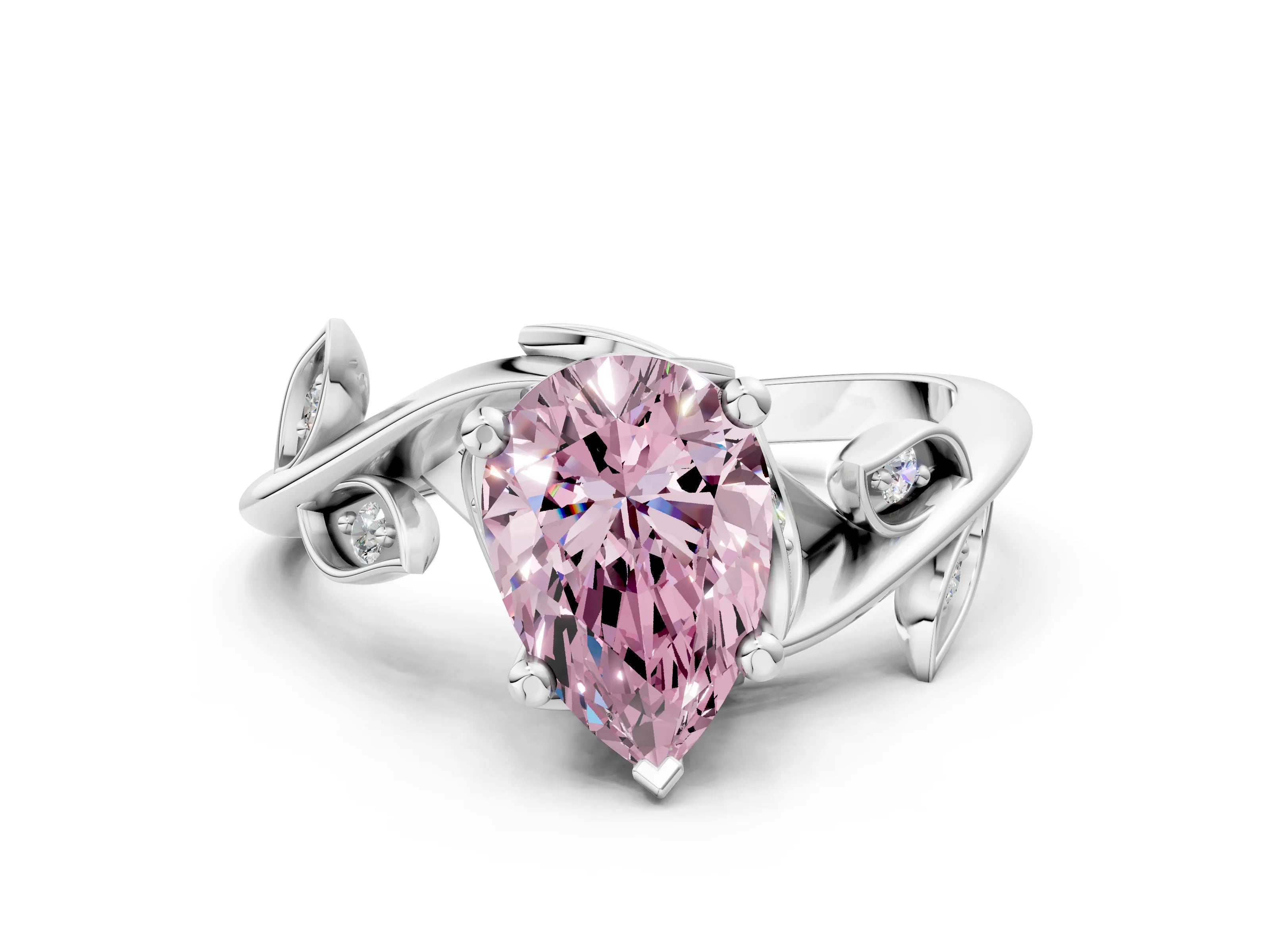 White gold Fancy Pink Pear Cut Solitaire Twist Engagement Ring with Leaf Accents and Prong Setting_12