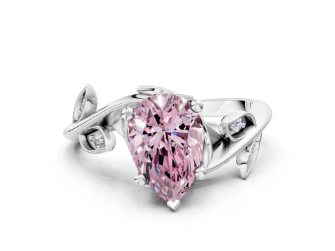 White gold Fancy Pink Pear Cut Solitaire Twist Engagement Ring with Leaf Accents and Prong Setting_12