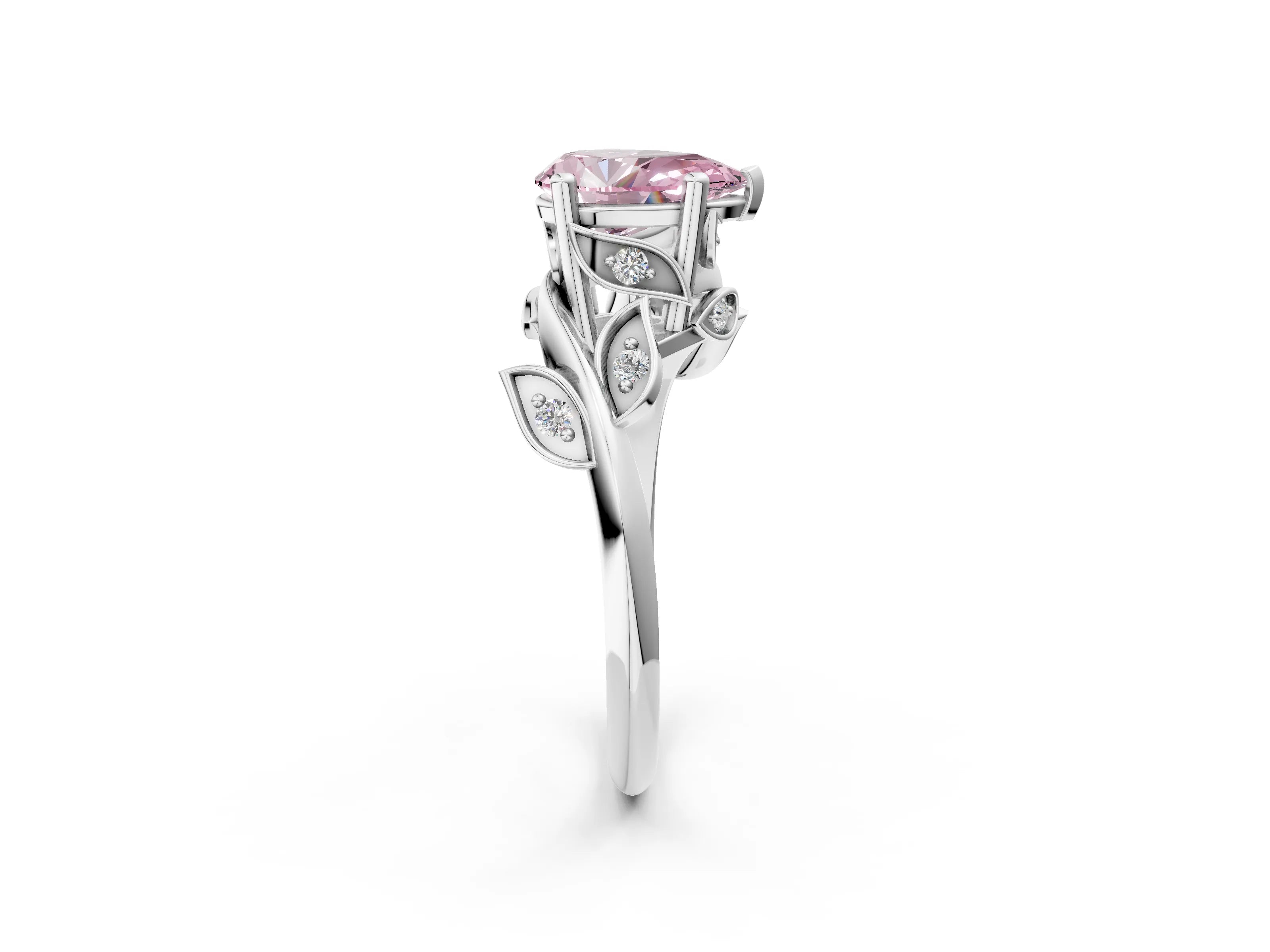 White gold Fancy Pink Pear Cut Solitaire Twist Engagement Ring with Leaf Accents and Prong Setting_14