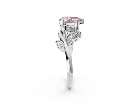 White gold Fancy Pink Pear Cut Solitaire Twist Engagement Ring with Leaf Accents and Prong Setting_14
