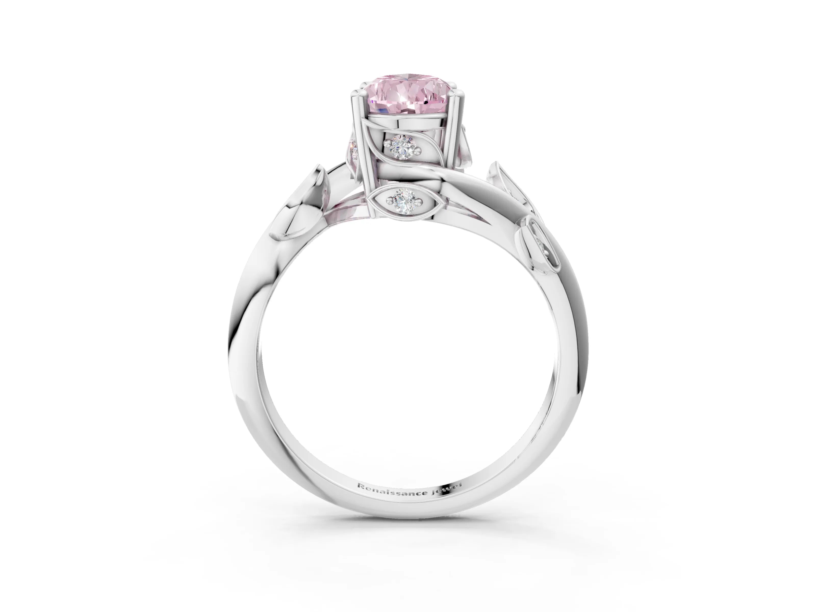 White gold Fancy Pink Pear Cut Solitaire Twist Engagement Ring with Leaf Accents and Prong Setting_15