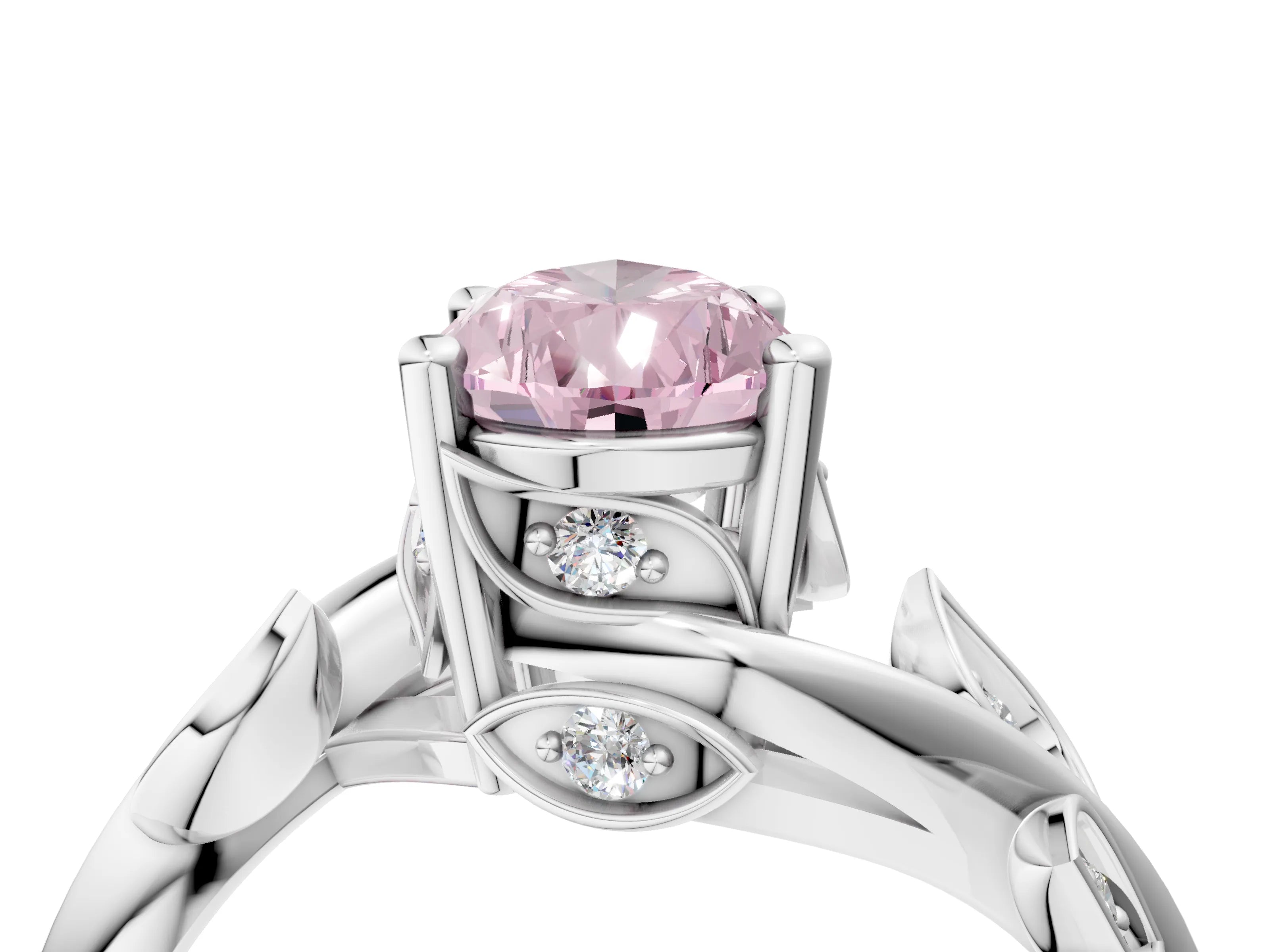 White gold Fancy Pink Pear Cut Solitaire Twist Engagement Ring with Leaf Accents and Prong Setting_16