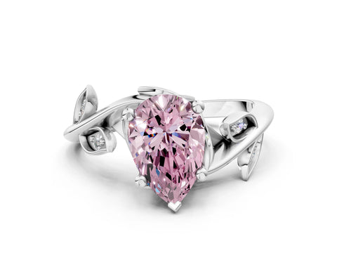 White gold Fancy Pink Pear Cut Solitaire Twist Engagement Ring with Leaf Accents and Prong Setting_2