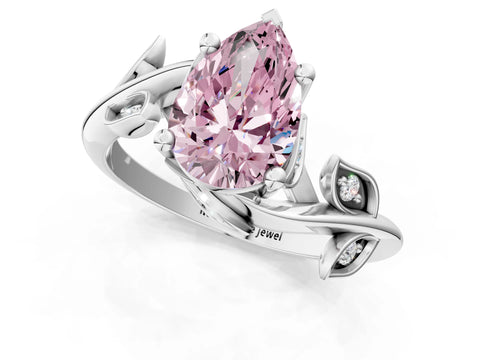 White gold Fancy Pink Pear Cut Solitaire Twist Engagement Ring with Leaf Accents and Prong Setting_3