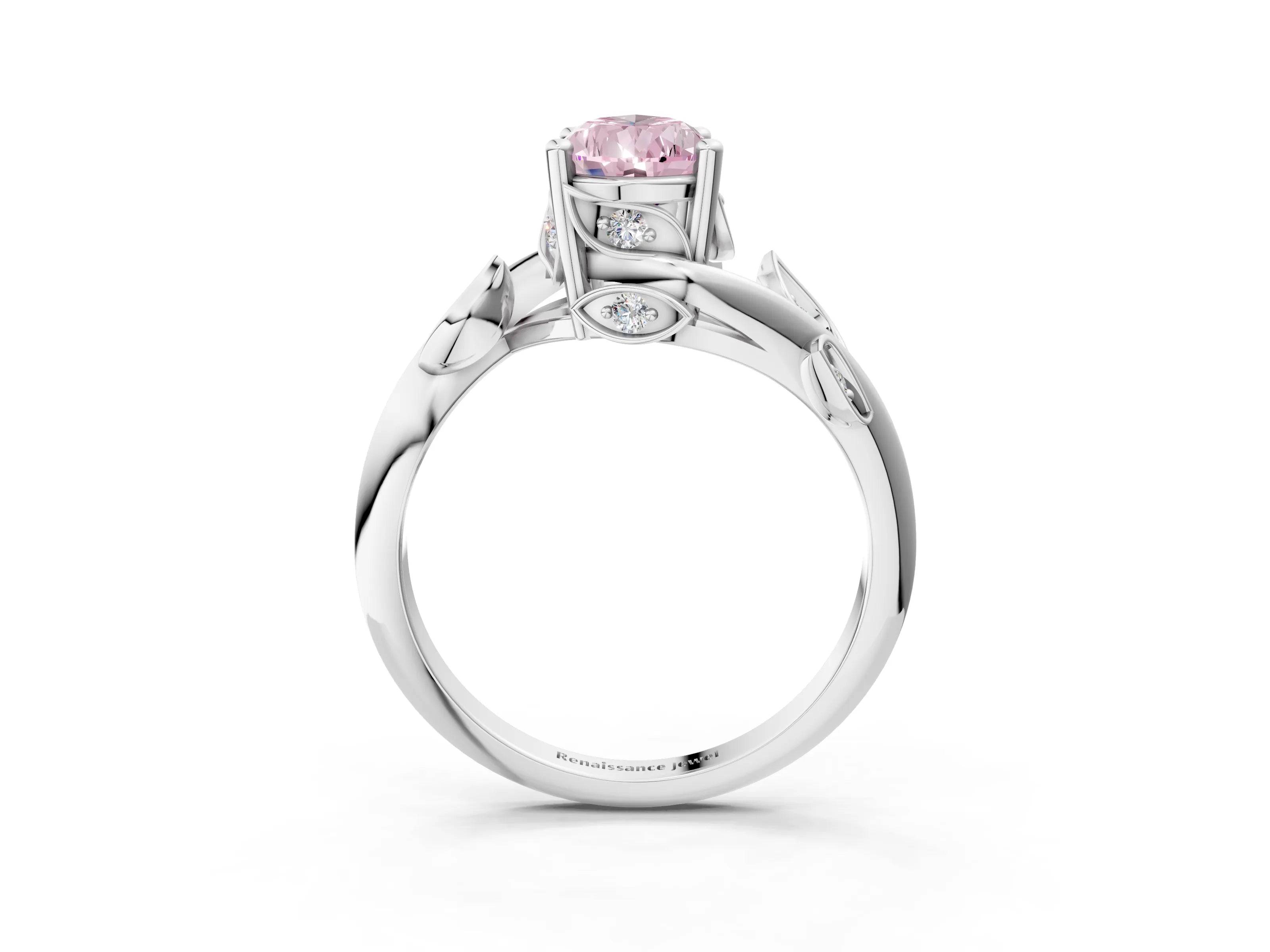 White gold Fancy Pink Pear Cut Solitaire Twist Engagement Ring with Leaf Accents and Prong Setting_6