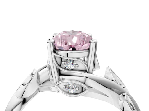 White gold Fancy Pink Pear Cut Solitaire Twist Engagement Ring with Leaf Accents and Prong Setting_6