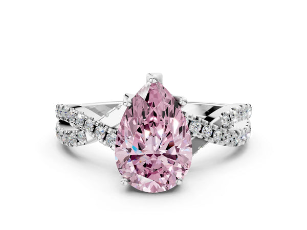 Platinum Fancy Pink Pear Cut Solitaire Twist Pave Diamond Engagement Ring with Prong Setting