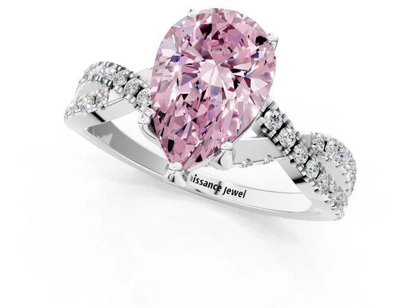 Platinum Fancy Pink Pear Cut Solitaire Twist Pave Diamond Engagement Ring with Prong Setting